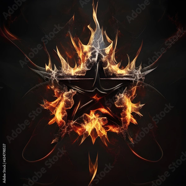 Fototapeta Abstract 8 5 6 9 10 12 pointed fractal cosmic sun burning in flame with smoke chaos star pentagram with cracked volcanic lava ground material symbolic realistic image

