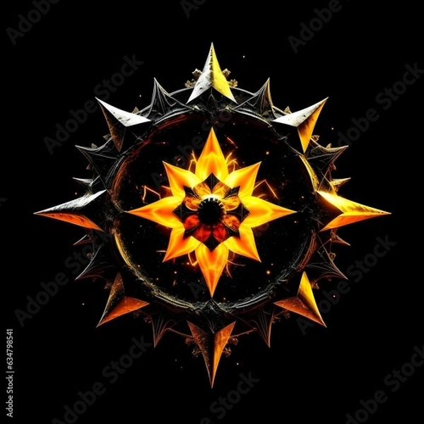 Fototapeta Abstract 8 5 6 9 10 12 pointed fractal cosmic sun burning in flame chaos star pentagram with cracked volcanic lava ground material symbolic realistic image

