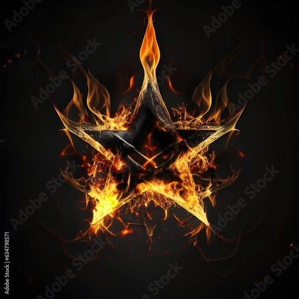 Fototapeta Abstract 8 5 6 9 10 12 pointed fractal cosmic sun burning in flame with smoke chaos star pentagram with cracked volcanic lava ground material symbolic realistic image

