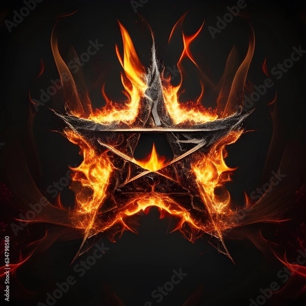 Fototapeta Abstract 8 5 6 9 10 12 pointed fractal cosmic sun burning in flame with smoke chaos star pentagram with cracked volcanic lava ground material symbolic realistic image

