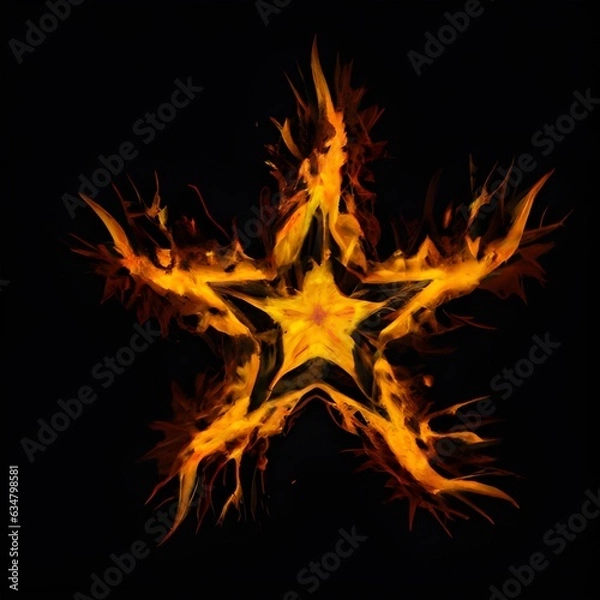 Fototapeta Abstract 8 5 6 9 10 12 pointed fractal cosmic sun burning in flame with smoke chaos star pentagram with cracked volcanic lava ground material symbolic realistic image

