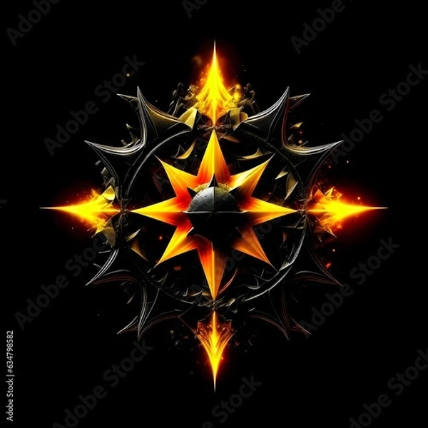 Fototapeta Abstract 8 5 6 9 10 12 pointed fractal cosmic sun burning in flame chaos star pentagram with cracked volcanic lava ground material symbolic realistic image

