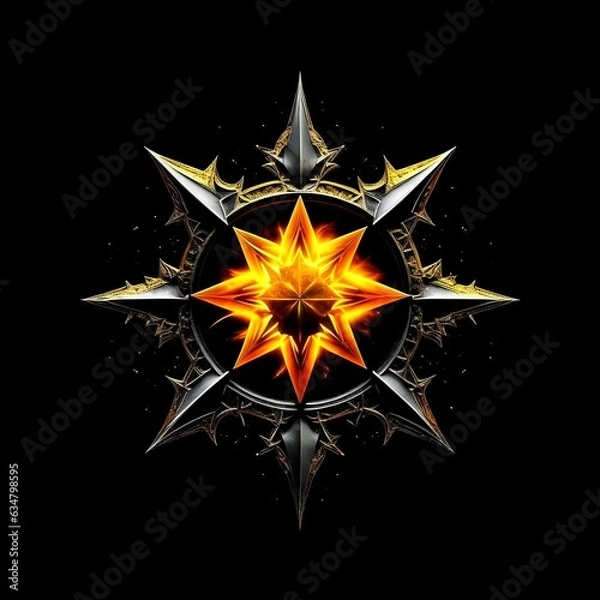 Fototapeta Abstract 8 5 6 9 10 12 pointed fractal cosmic sun burning in flame chaos star pentagram with cracked volcanic lava ground material symbolic realistic image

