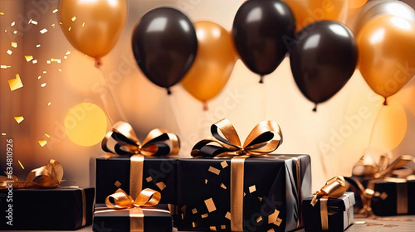 Fototapeta black gifts with black ribbon in a gold podium in the foreground. Gold balloons blurred in the background