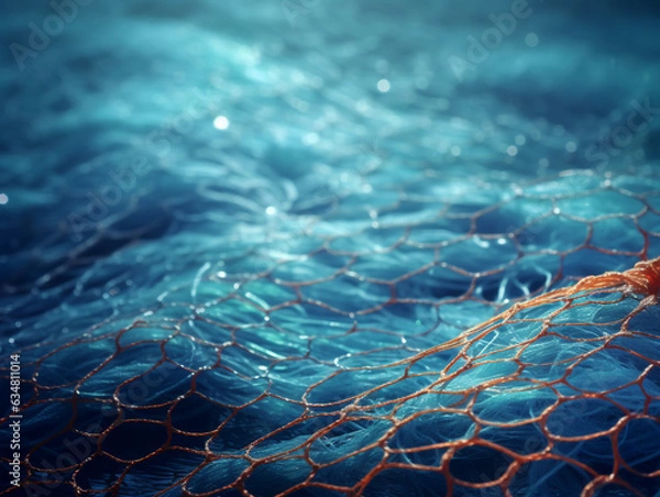Obraz Underwater with blue fishing net in the blue sea background