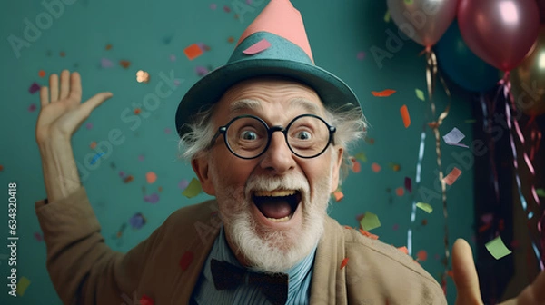Obraz Old man, grandpa, partying, crazy grandfather, celebrating life, and retirement birthday, showing happy emotions, generative AI, illustration