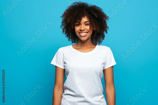 Obraz Black woman wearing white shirt mockup, at blue background. Design t-shirt template, print presentation mock-up. AI generated