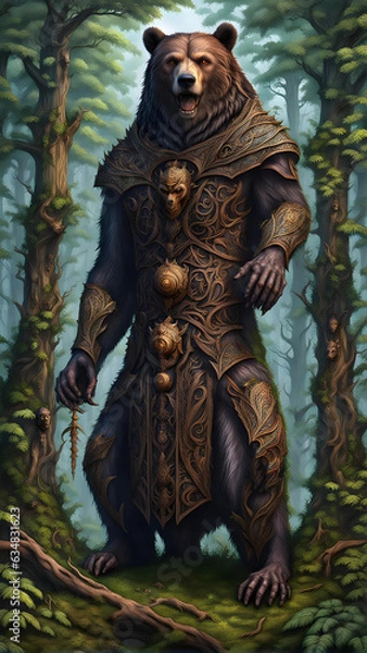 Fototapeta illustration of a forest with a magical bear god - generative ai