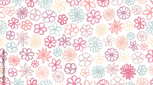 Obraz Flowers chalk pattern. Children crayon drawing style color flower. Freehand flower print. Hand drawn wax crayons art on black background. Isolated chalk style flowers. Pastel sketch flowers, leaves. 