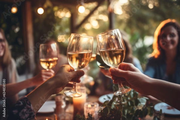 Fototapeta Group of friends toasting white wine at an outdoor dinner party, embodying social celebration in an authentic, lifestyle-oriented scene.