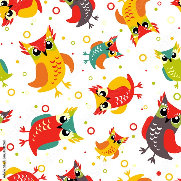 Fototapeta Pattern with owls, birds. A pattern of bright dreams. The birds are made in a flat style.