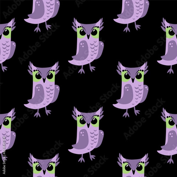Fototapeta Pattern with owls, birds. A pattern of vivid dreams on a black background. The birds are made in a flat style.