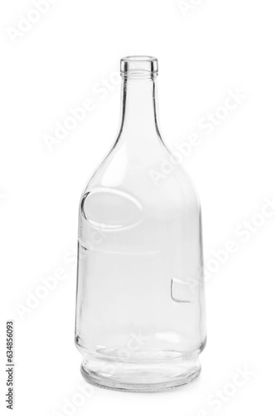 Obraz An empty bottle of an unusual shape made of transparent glass for cognac, whiskey on a white background.