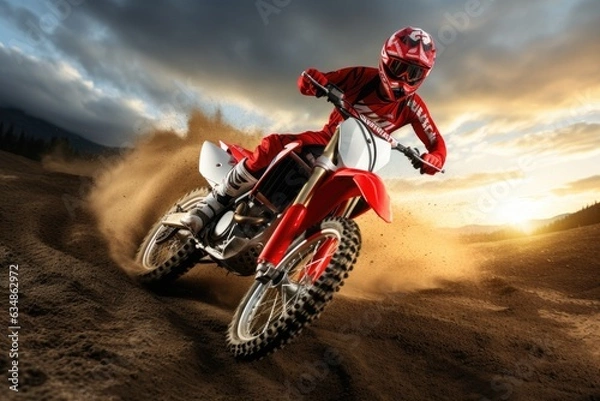 Fototapeta Extreme motocross MX Rider riding on dirt track. Generative AI