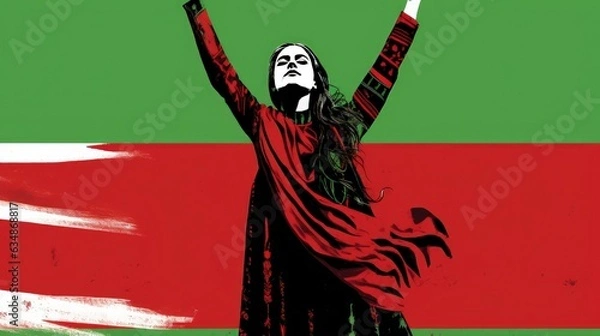 Fototapeta A woman stands up in front of a red and green backdrop, in the style of graphic novel art illustration made with Generative AI