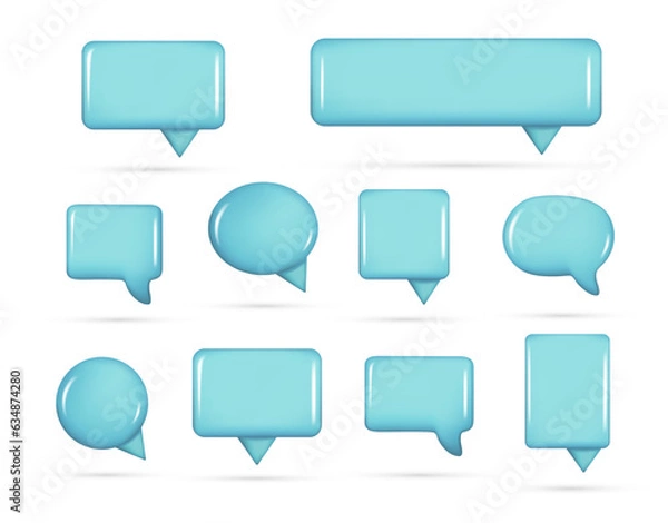 Fototapeta Realistic 3d blue speech bubble text, message box, chatting box. Decorative 3d element, chat dialogue icon, empty speak bubble symbol. Abstract vector illustration isolated on white background