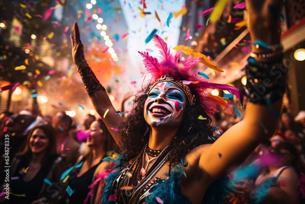 Fototapeta Lively Mardi Gras scene with masked revelers dancing amid floating confetti and vibrant feathers in the streets