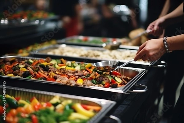 Fototapeta People group catering buffet food indoor in restaurant with meat colorful fruits and vegetables | Generative AI