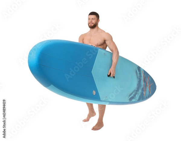 Obraz Handsome man with blue SUP board on white background