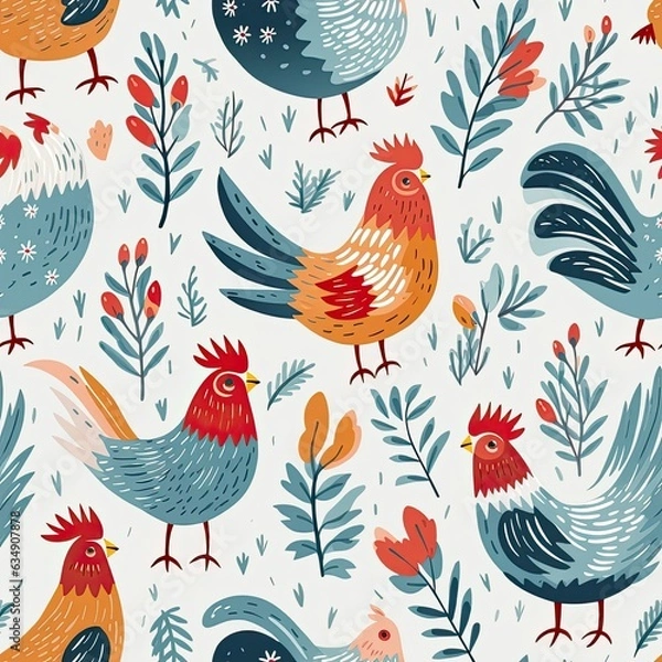Fototapeta Rooster chicken folk art seamless pattern