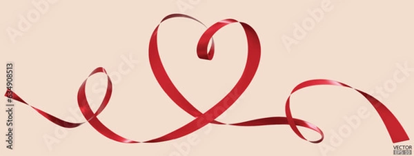 Fototapeta Red ribbons heart isolated on beige background. Continuous ribbon line art drawing. Element for Valentine's day, mother's day wedding and print. 3D vector illustration.