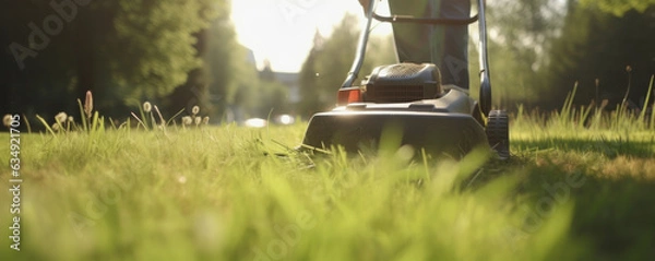 Fototapeta Professional gardener using an automatic lawnmower to cut the grass on a sunny day. AI Generative.