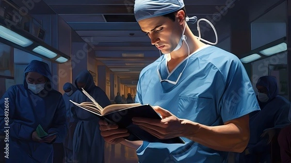 Fototapeta A focused doctor carefully reviewing a patient's notes, seeking to provide the best possible solution for the diagnosis. Generative AI