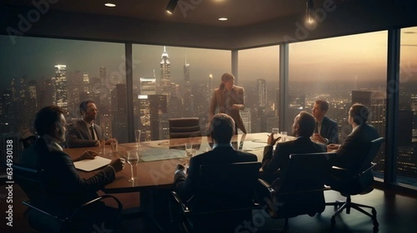 Fototapeta a group of people sitting around a table with a view of a city