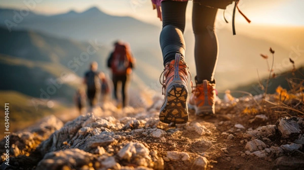 Obraz focus on shoes of cropping, people hiker in the mountains