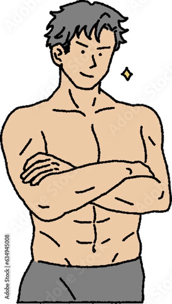 Fototapeta シンプルなタッチ　笑顔のマッチョで筋肉質な男性トレーナーのイラストレーション