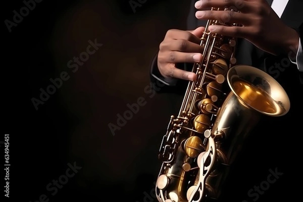 Obraz Saxophonist playing saxophone with dark background