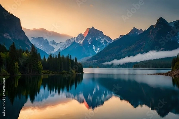 Fototapeta A calm lake reflecting the brilliant mountain peaks that cement it. Creative resource, AI Generated