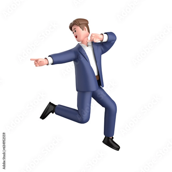 Fototapeta 3d businessman executive  pose wearing suit standing holding a laptop pointing advertising isolated on transparent background, 3d rendering