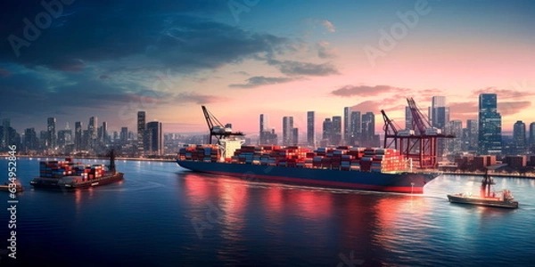 Fototapeta container ship entering a major port at dusk, with the city skyline in the background, symbolizing the urban integration of trade hubs.