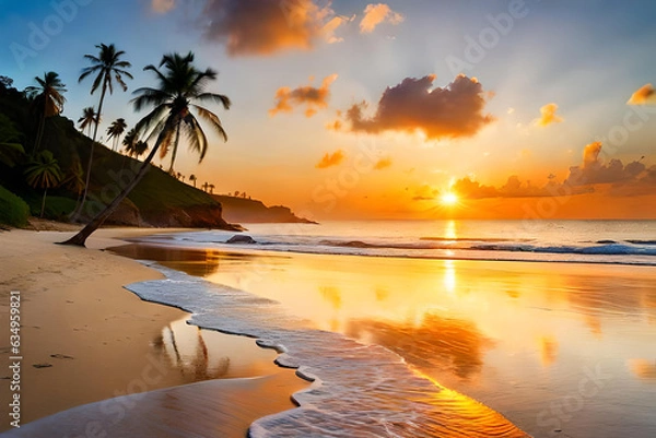 Fototapeta Bright orange sunset view under palm tree branch silhouette. Sand beach seascape. Generative AI