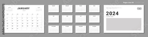 Fototapeta Set of Monthly pages Calendar Planner Templates 2024 for wall or desk with Cover and place for Photo, Company Logo. Vector layout of simple calendar with week start Monday for print. Pages for size A4