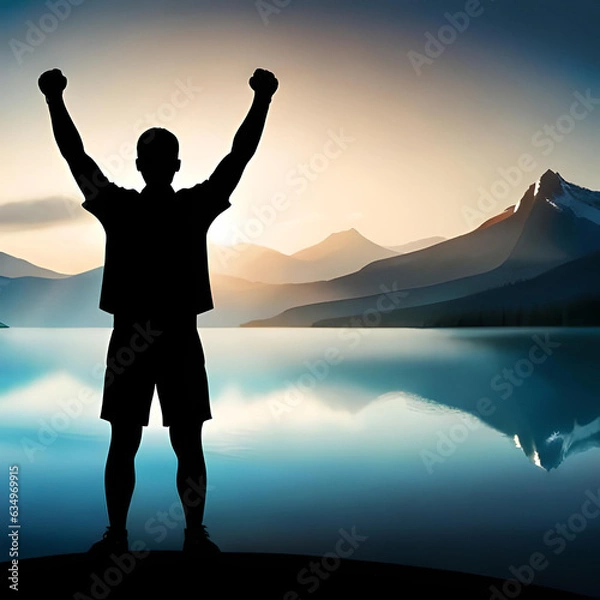 Fototapeta Silhouette man raised his hands up on the beautiful evening background at sunset. Generative AI