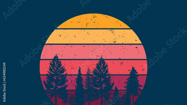 Obraz Sun 80s in retro style. Retro sunset collection. retrowave striped circles with forest trees
