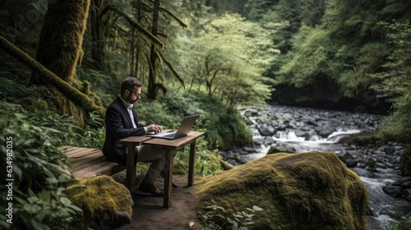Fototapeta Professional on bleisure break, working in a scenic riverside forest