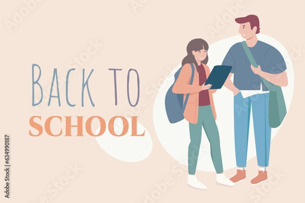 Fototapeta Back to school poster template in flat design. Banner layout with happy teens girl and boy with backpacks standing together. Classmate students going to lessons and learning. Vector illustration.