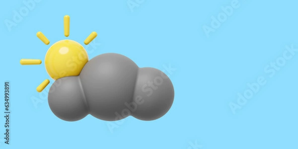 Fototapeta Gray cartoon cloud with sun. 3D rendering. Icon on blue background, space for text.