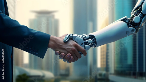 Fototapeta Robot and businessman in handshake. Concept of human robot relationships.