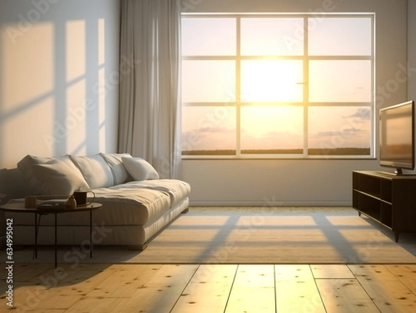 Obraz apartment white interior background with sunrise in the window parquet floor for interior design decoration