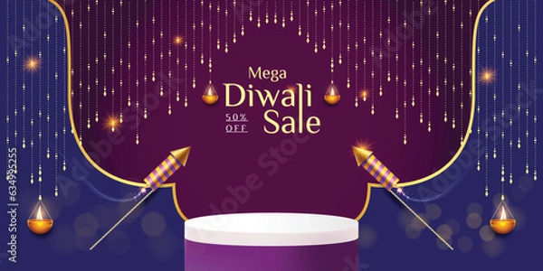 Obraz Diwali sale banner template with podium and diwali elements