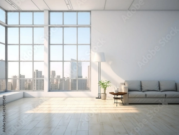 Obraz apartment white interior background with sunrise in the window parquet floor for interior design decoration