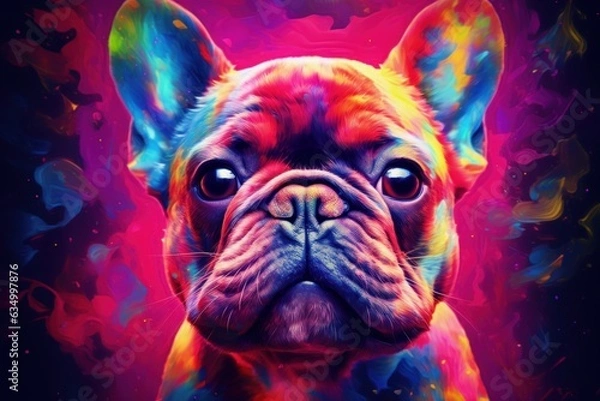 Fototapeta Multi coloured illustration art, the head of a french bulldog dog painted with with splashes and splatters of paint
