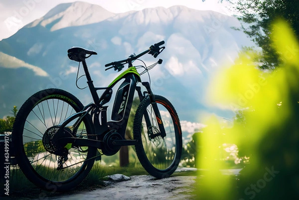 Fototapeta Ebike in front of blurred mountain background. Generative ai design.