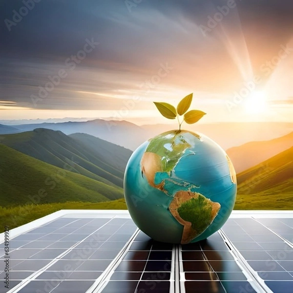 Fototapeta Piggybank on solar panel concept of money saved by using clean energy.AI generated