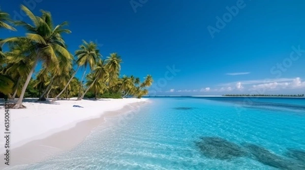 Fototapeta Beautiful tropical beach with white sand palm trees Generative Ai