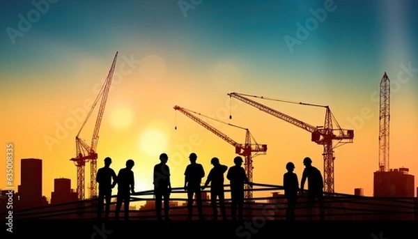 Fototapeta Silhouette of engineer working on construction site at sunset background.